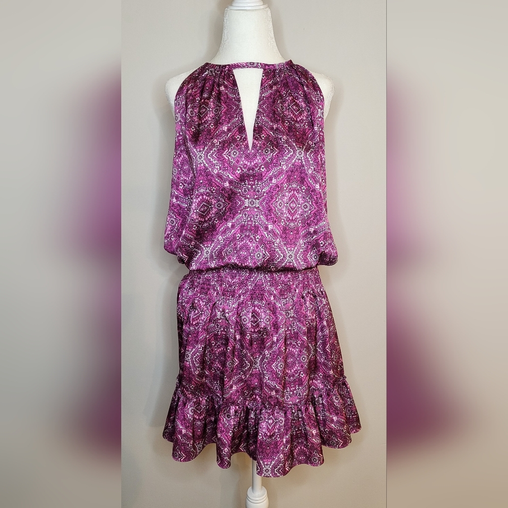 Ramy Brook Brady Medallion Print Chiffon Ruffle Mini Dress Fuchsia M $395